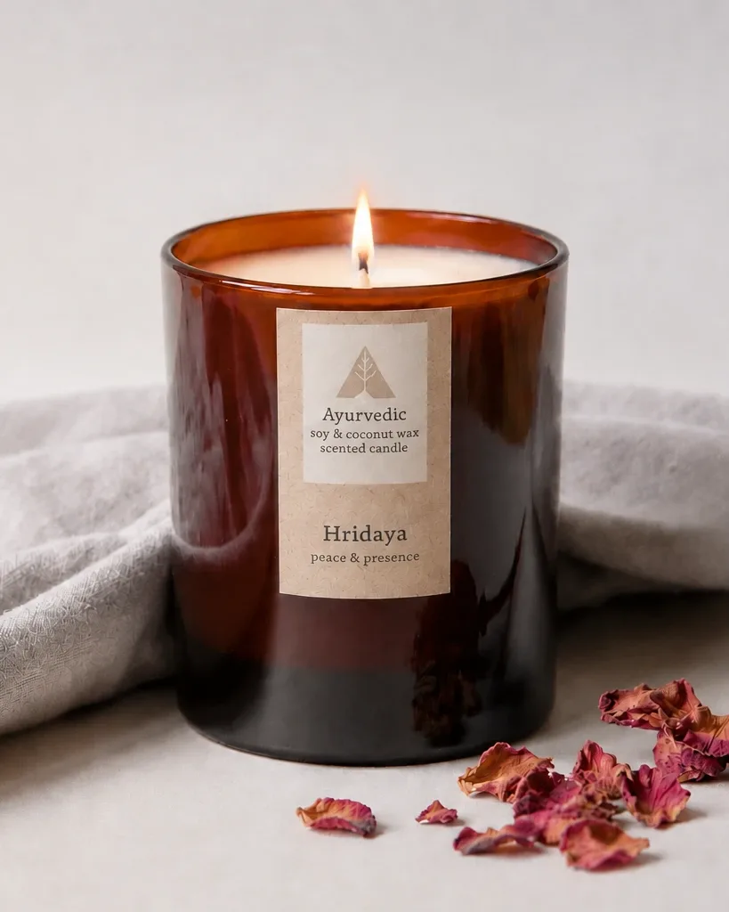 A lit Hridaya Ayurvedic candle beside dried rose petals